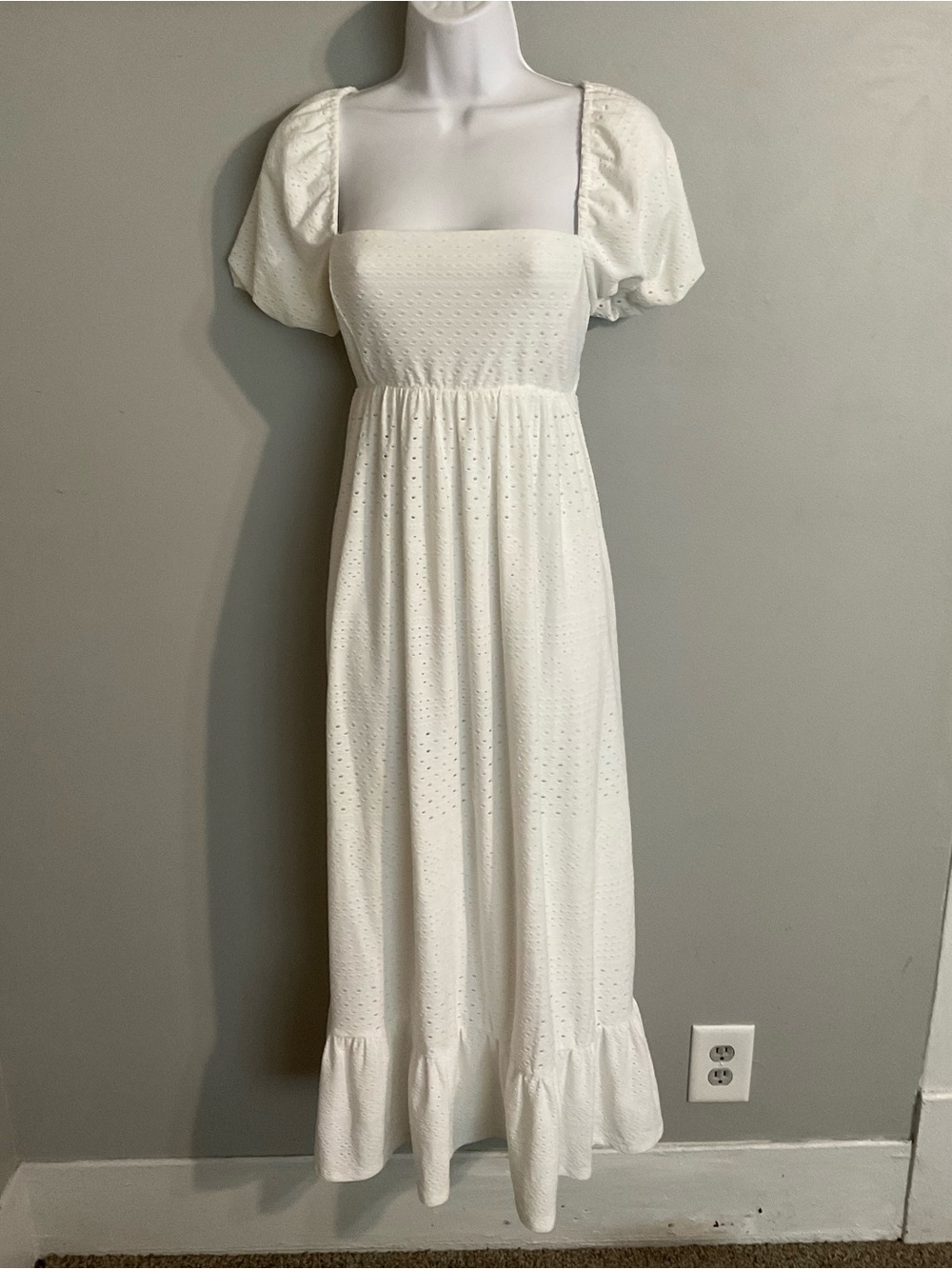 Pink Lily White Eyelet  Maxi Dress with Back Smocking Small